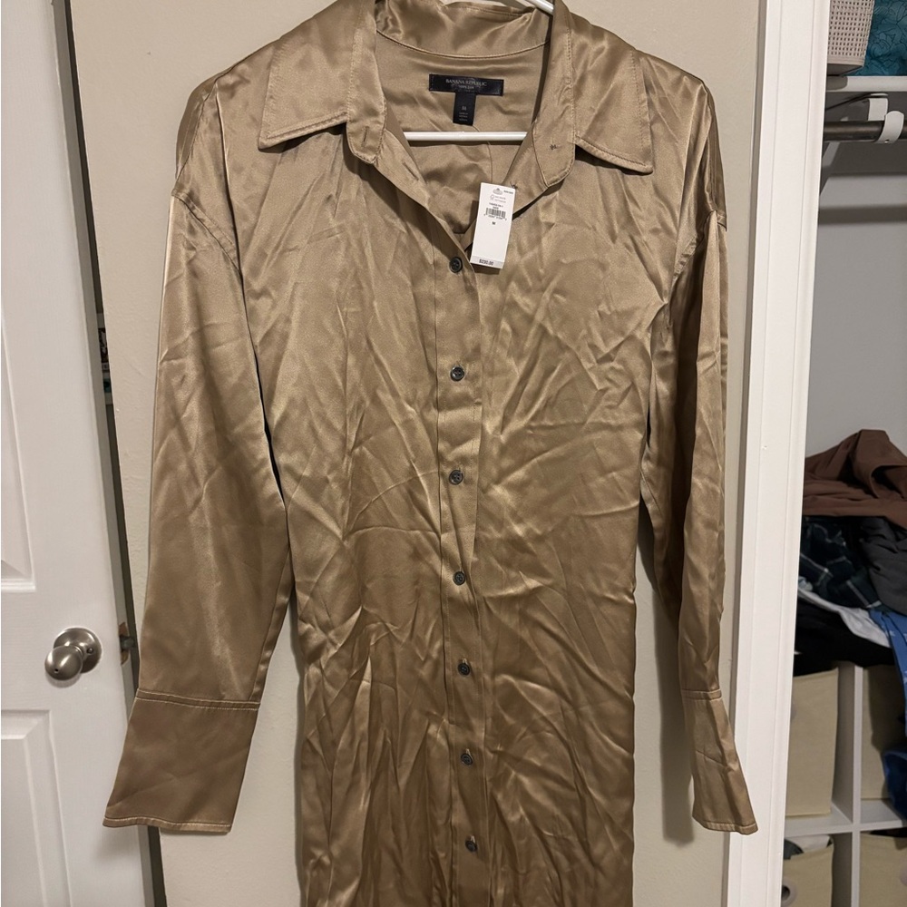 Gold Silk Button-Up Shirt Dress